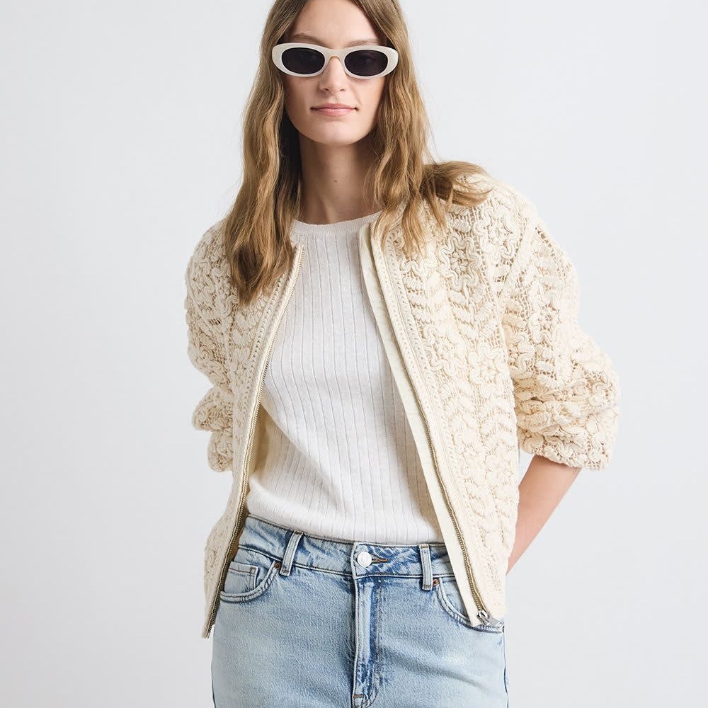RW&CO. Cream Crochet Bomber Jacket